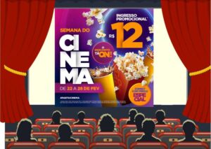 Desenho de plateia de cinema com o cartaz da campanha "Semana do cinema" na tela.