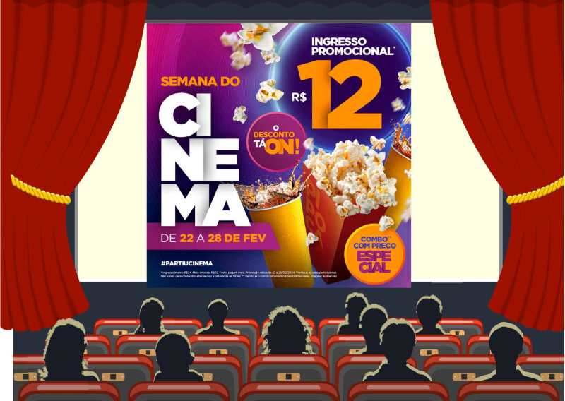 Desenho de plateia de cinema com o cartaz da campanha "Semana do cinema" na tela.