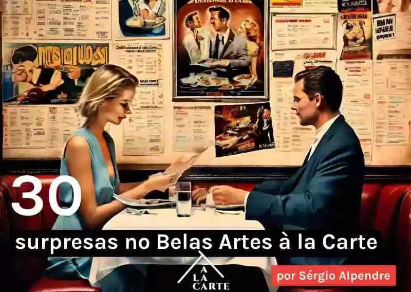 Desenho de um casal escolhendo pratos à la carte em um restaurante com cartazes de filmes na parede